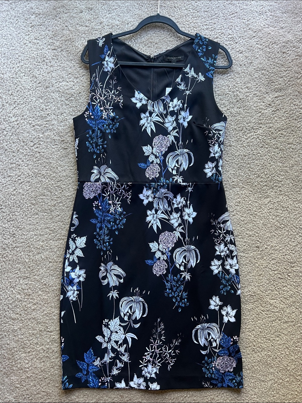 Banana Republic Black Floral Dress with White & Blue Blooms - Size 12 - NWT
